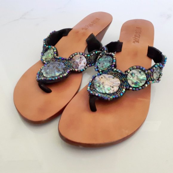 Mystique bead, sequin, natural shell disc embellished heeled flip flop sandals - Picture 3 of 6